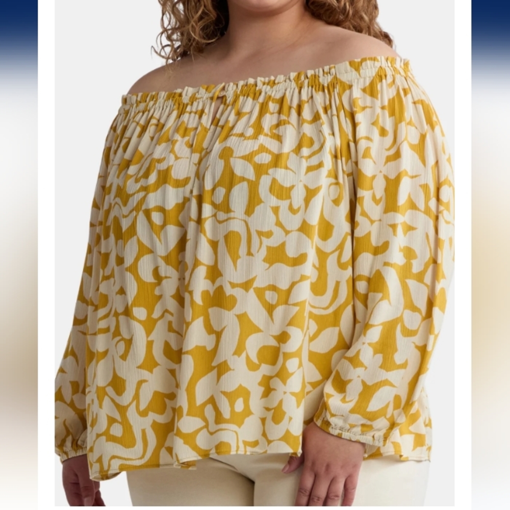 Women's Plus Size Off The Shoulder Blouse w/ Long Sleeves  AmberGlow/Floral  NWT